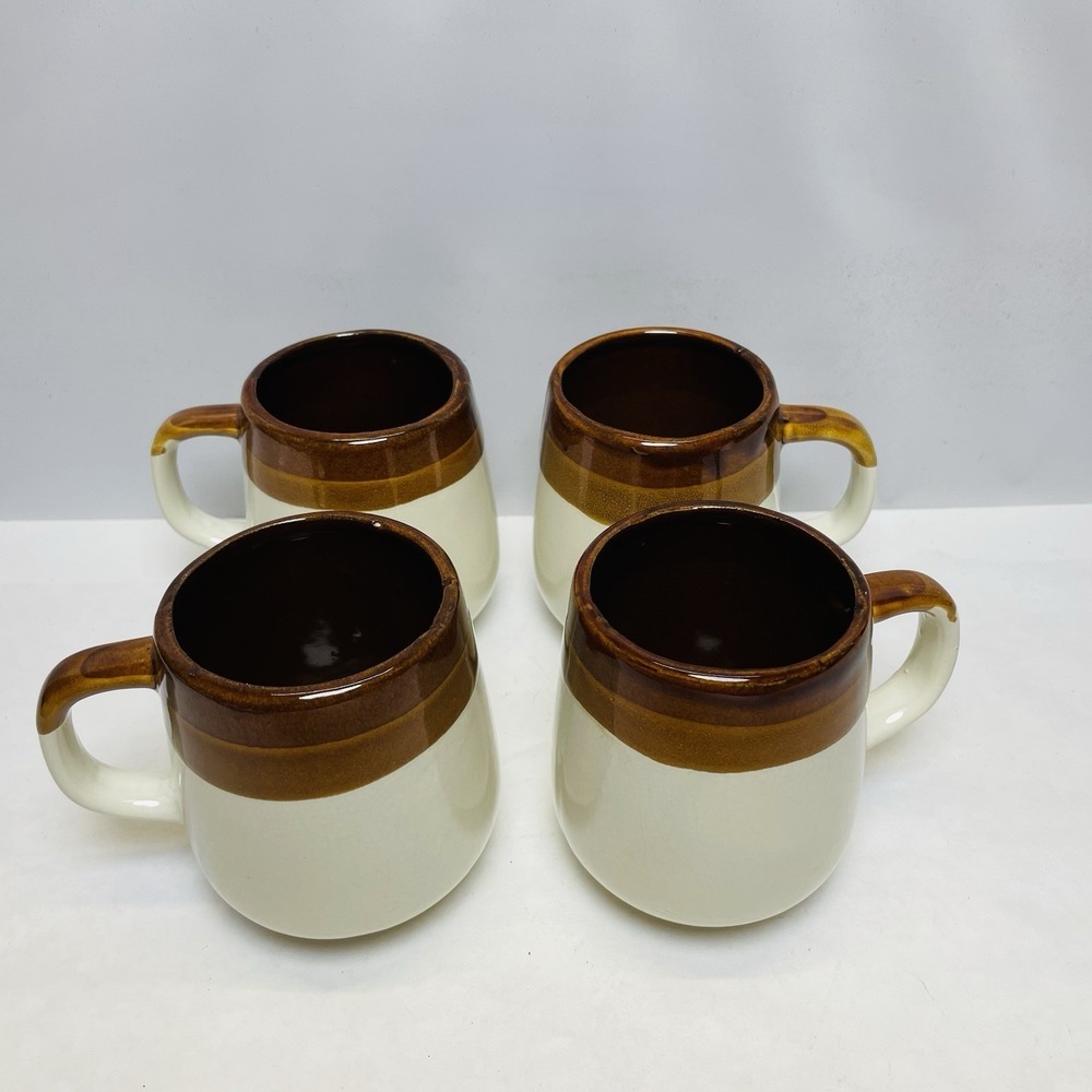 Vintage Ceramic Stoneware Coffee Mugs Made In Taiwan Lot of 4 Brown and White